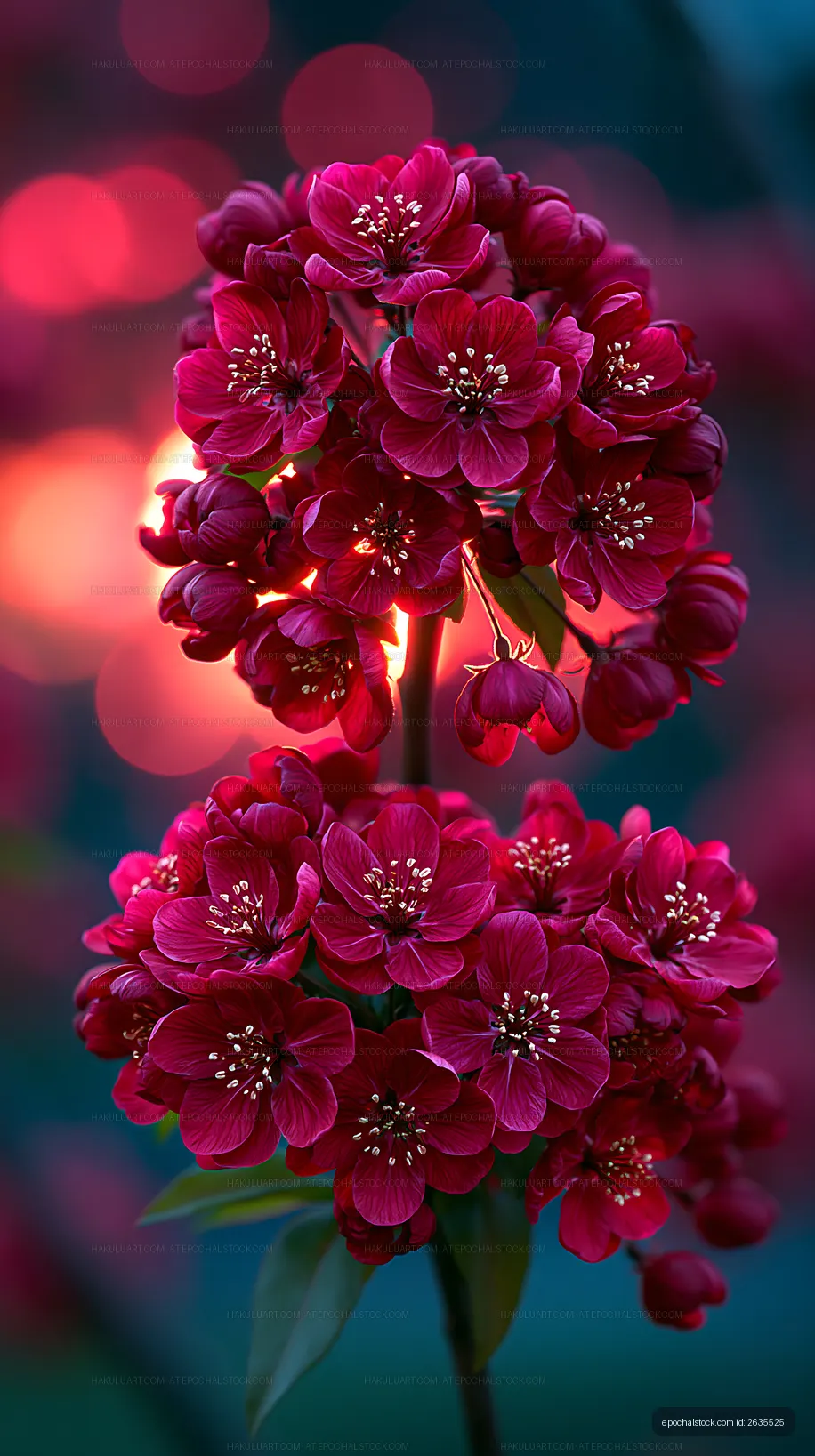 Red flower cluster blooms with bright background lights