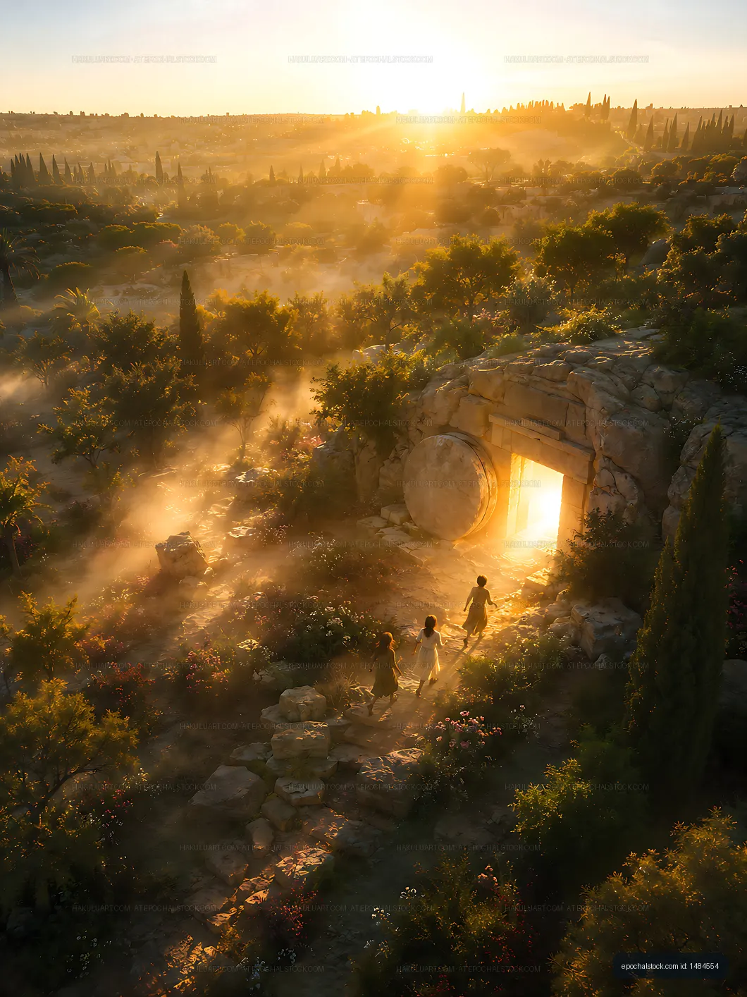 Sunset view of people walking towards ancient stone entrance
