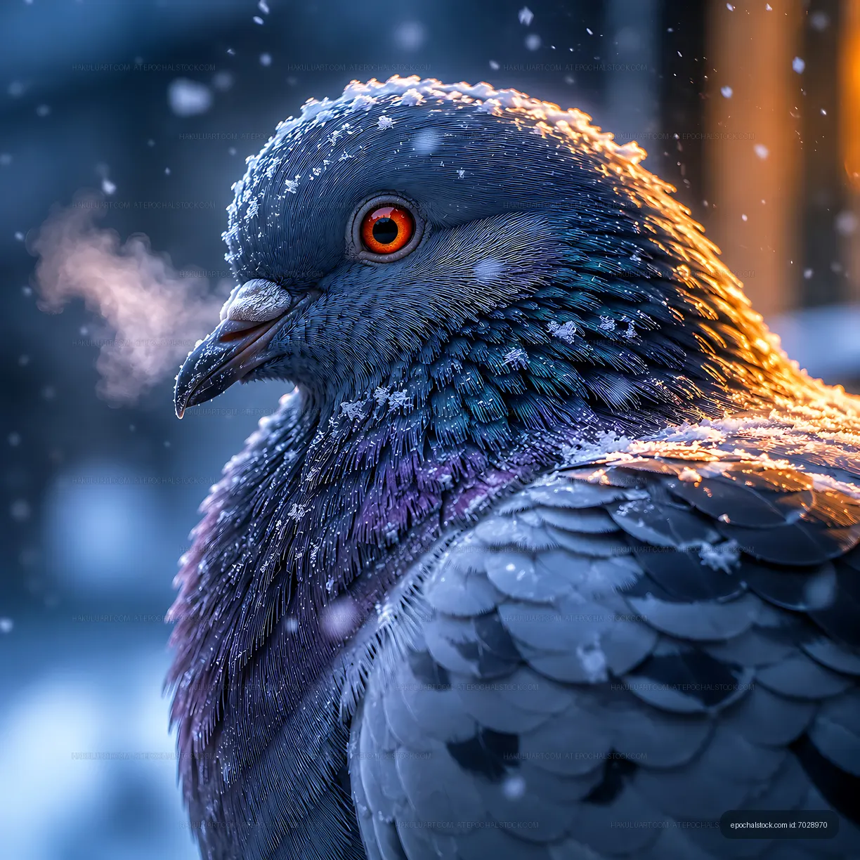 Snow-covered pigeon in winter with visible breath outdoors