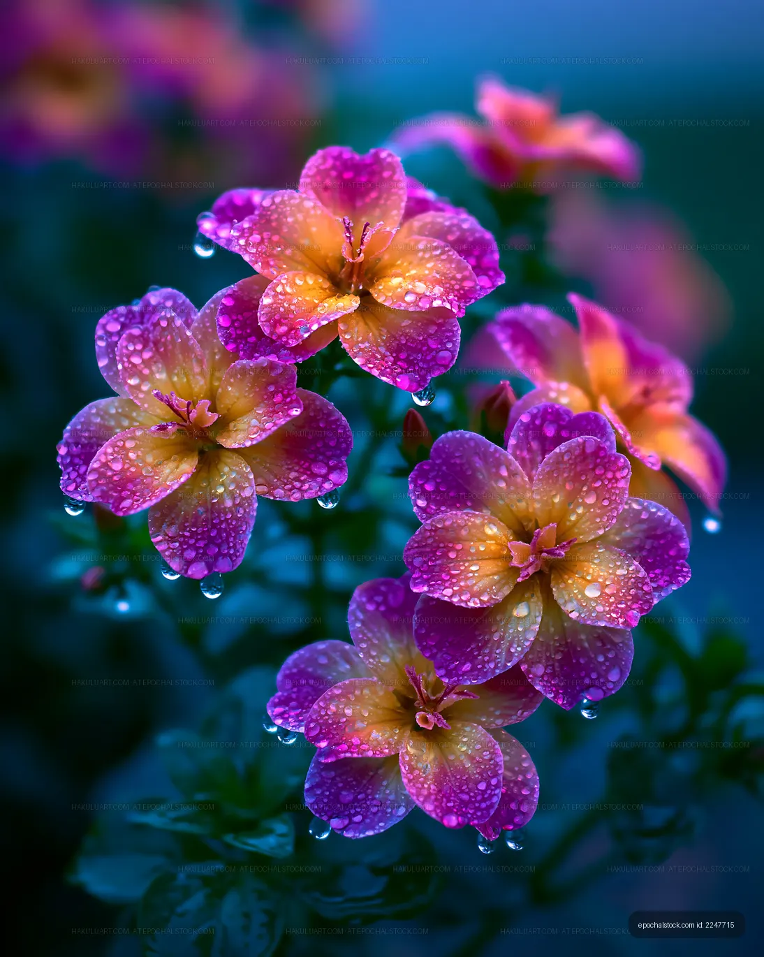 Colorful flowers with droplets in a garden setting