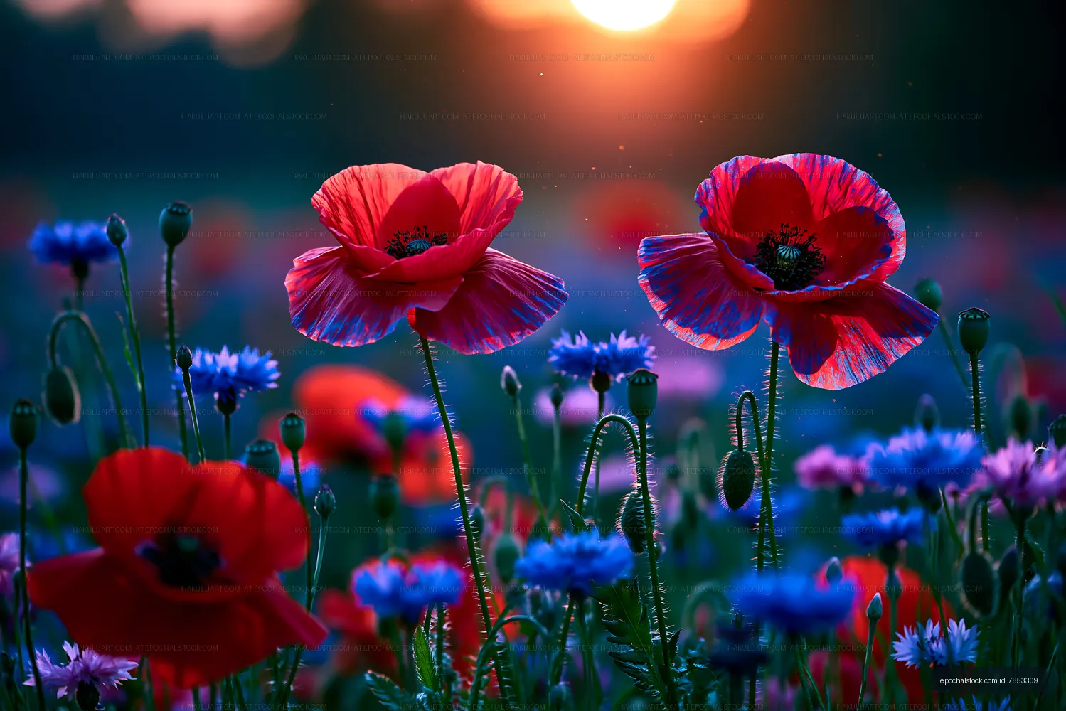 Colorful wildflowers in a field during sunset