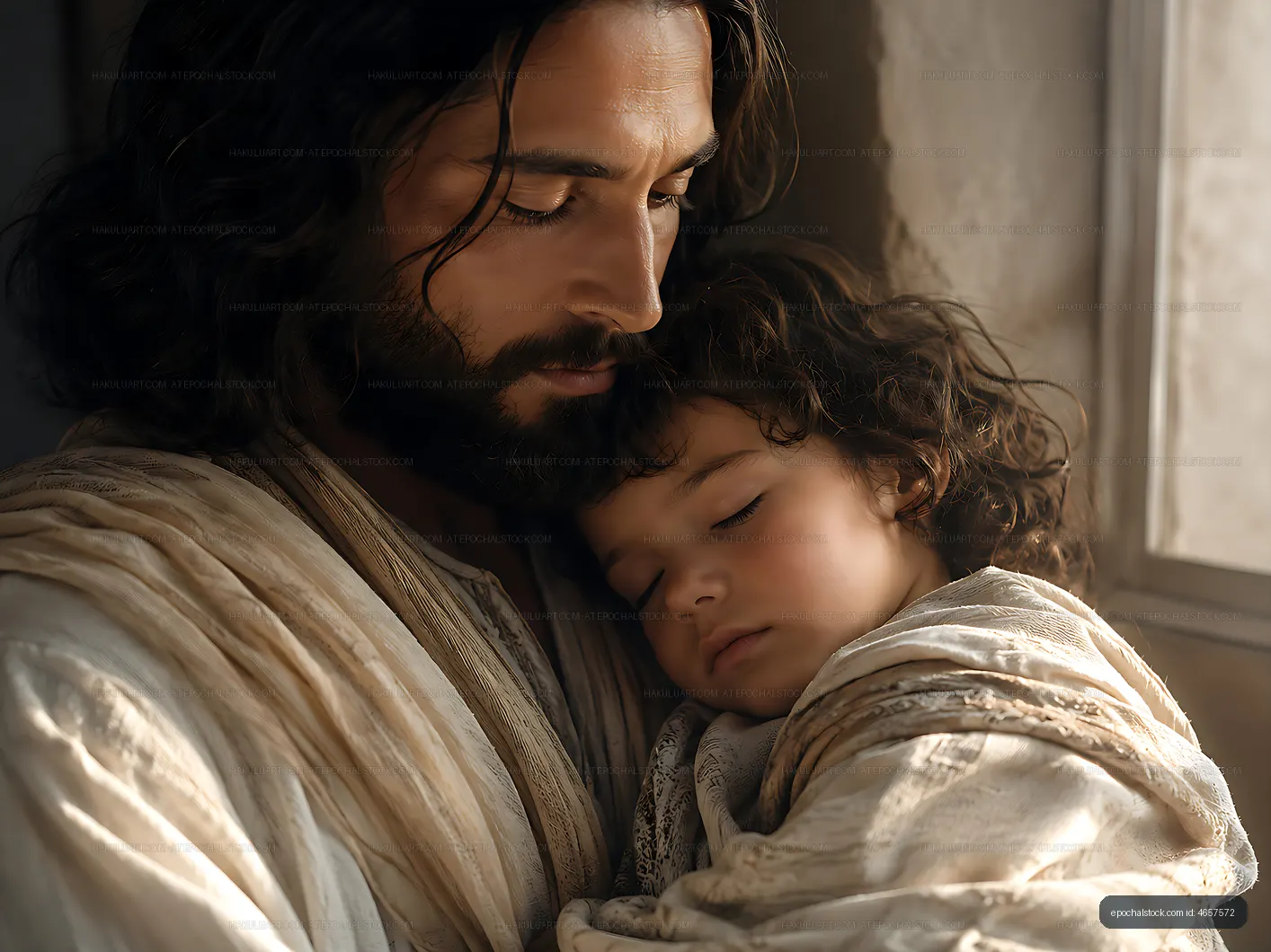 Father holds sleeping child in a quiet room