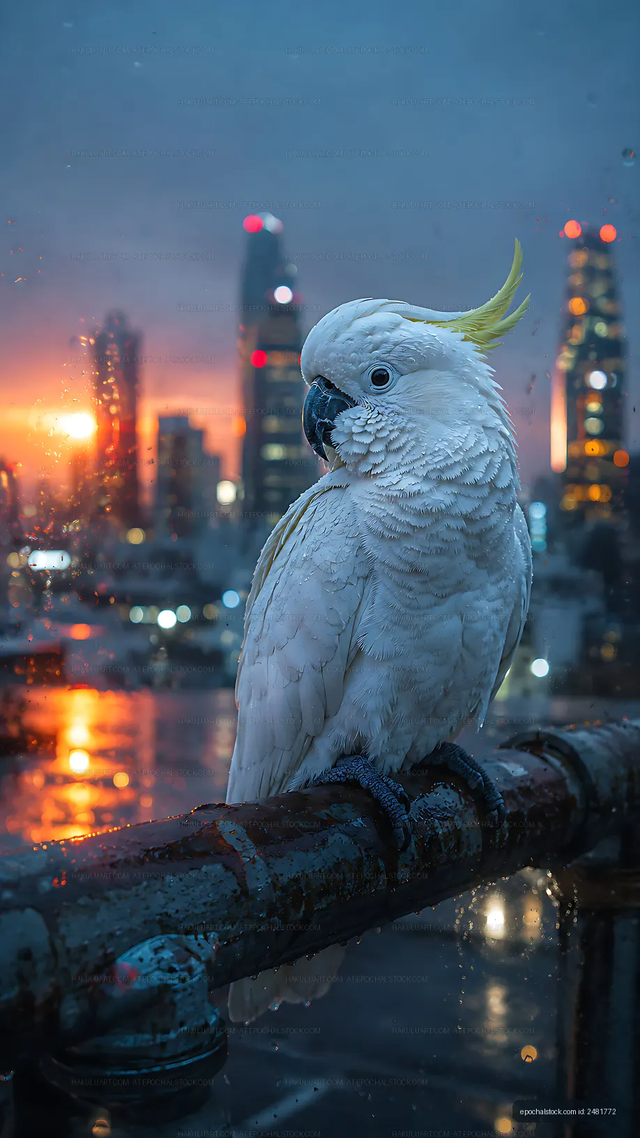 Cockatoo perched on railing with city skyline at sunset