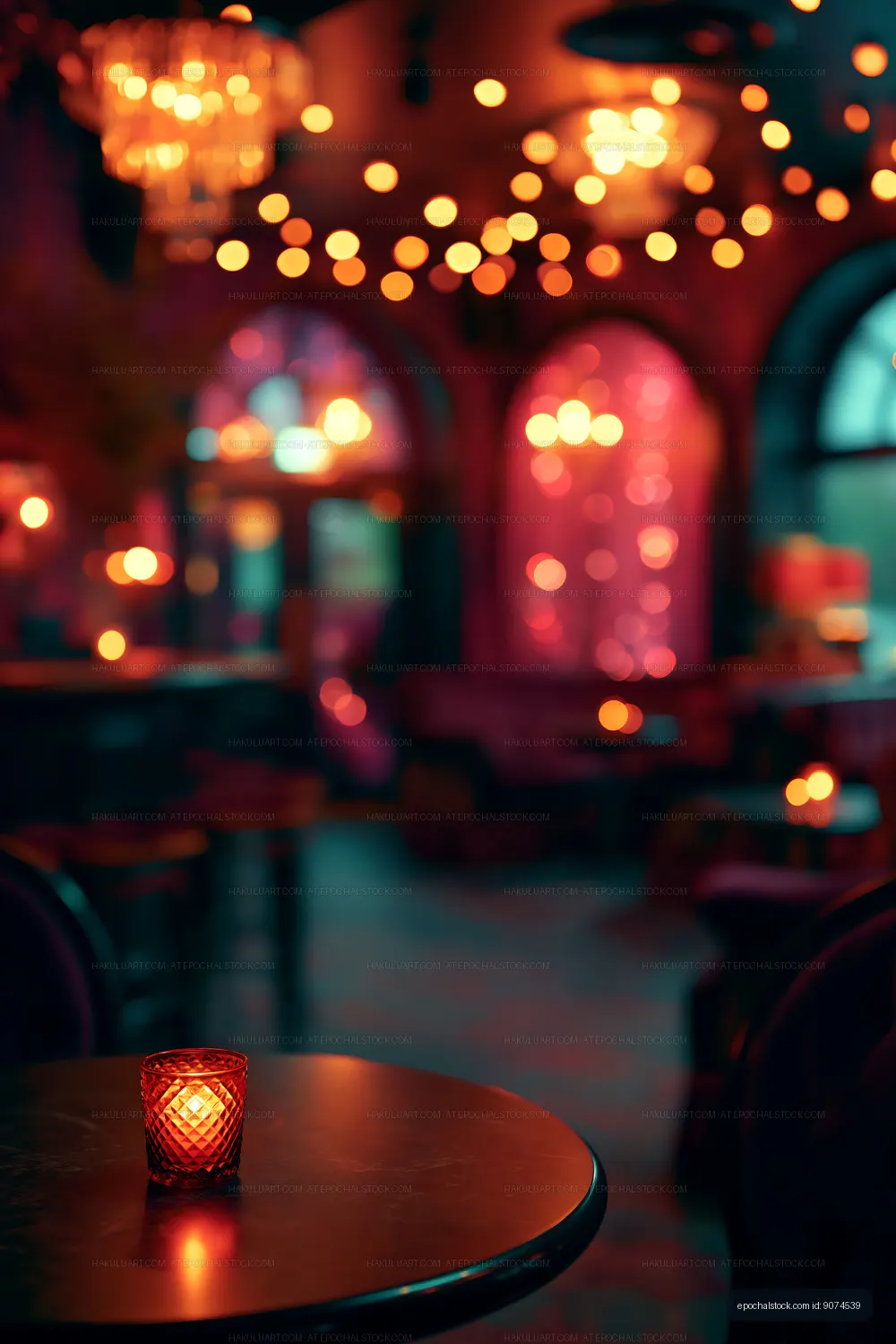 Cozy atmosphere with candles and warm lights in a bar