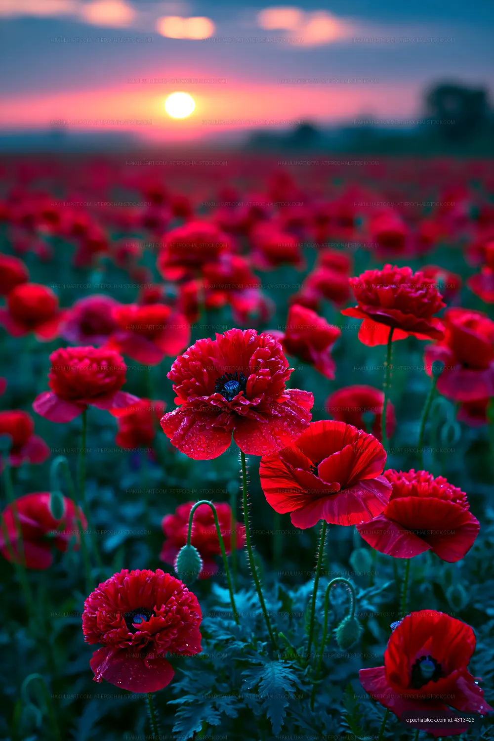 Red poppy flowers in a field during sunset