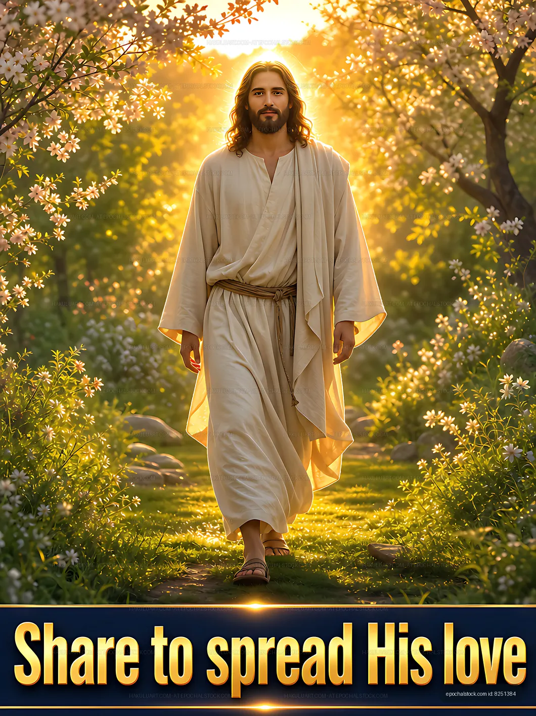 Jesus walking in a garden during daytime
