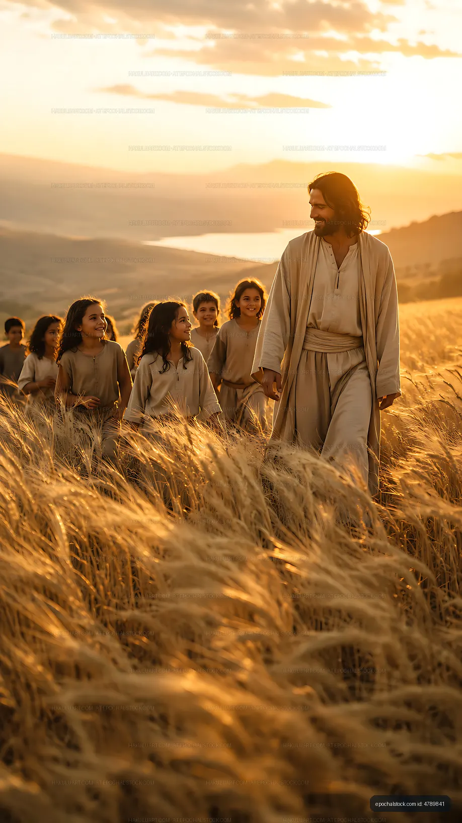 Jesus walks in a wheat field with children at sunset