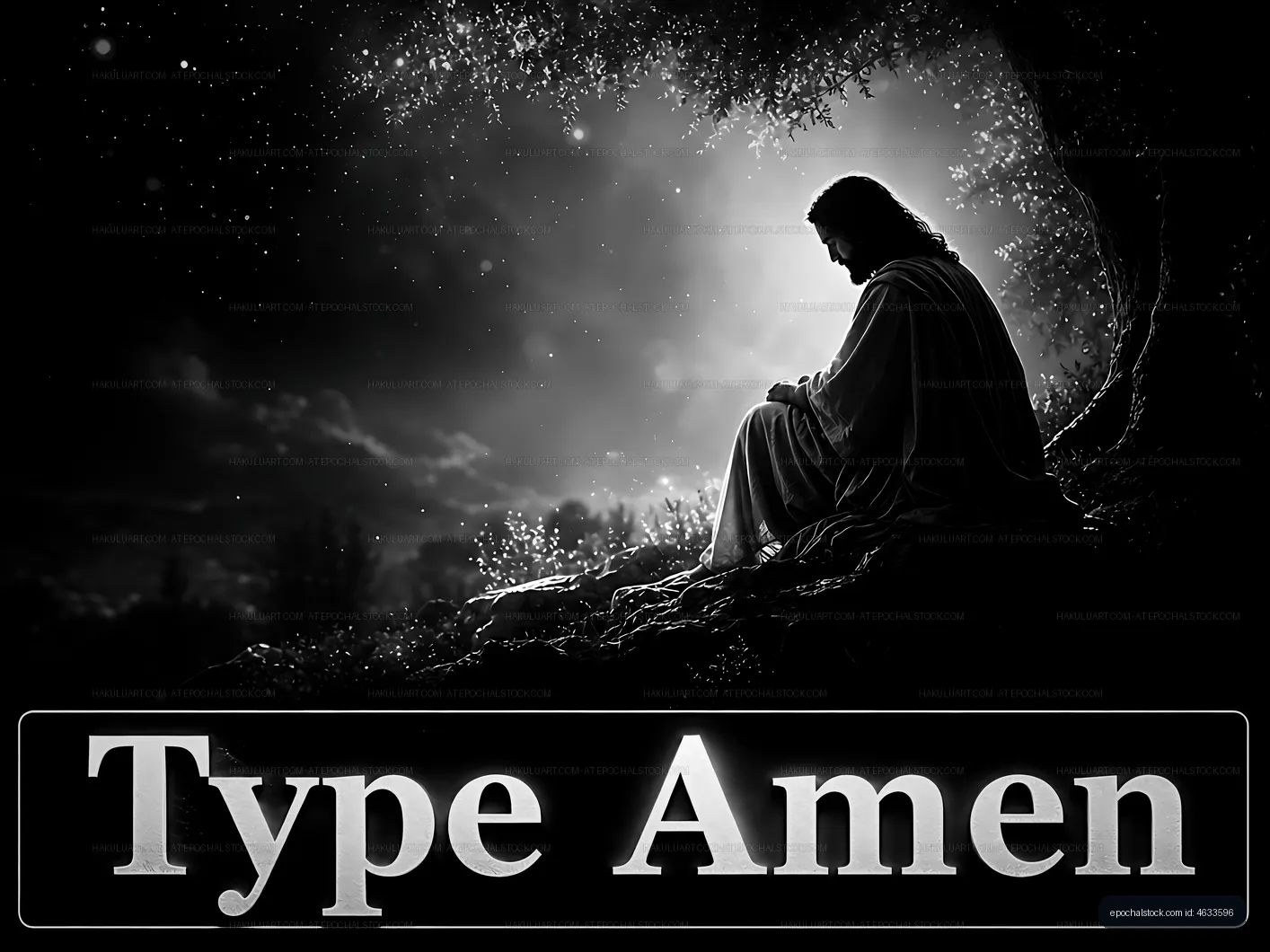Silhouette of a figure praying under a tree at night