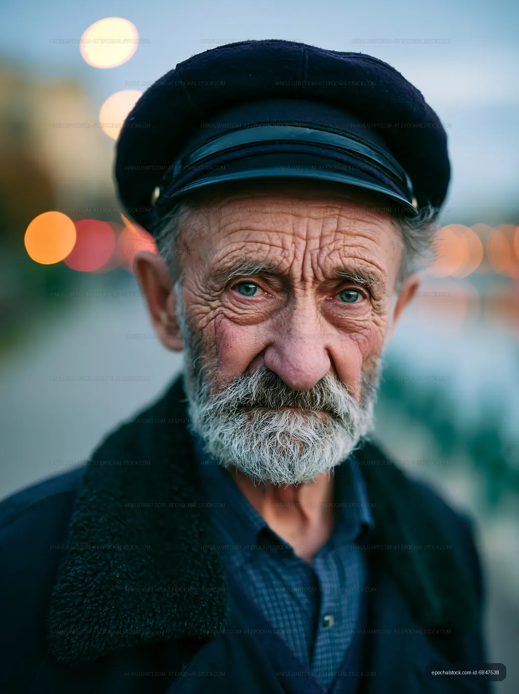 Old man in cap with gray beard looking at camera outdoors