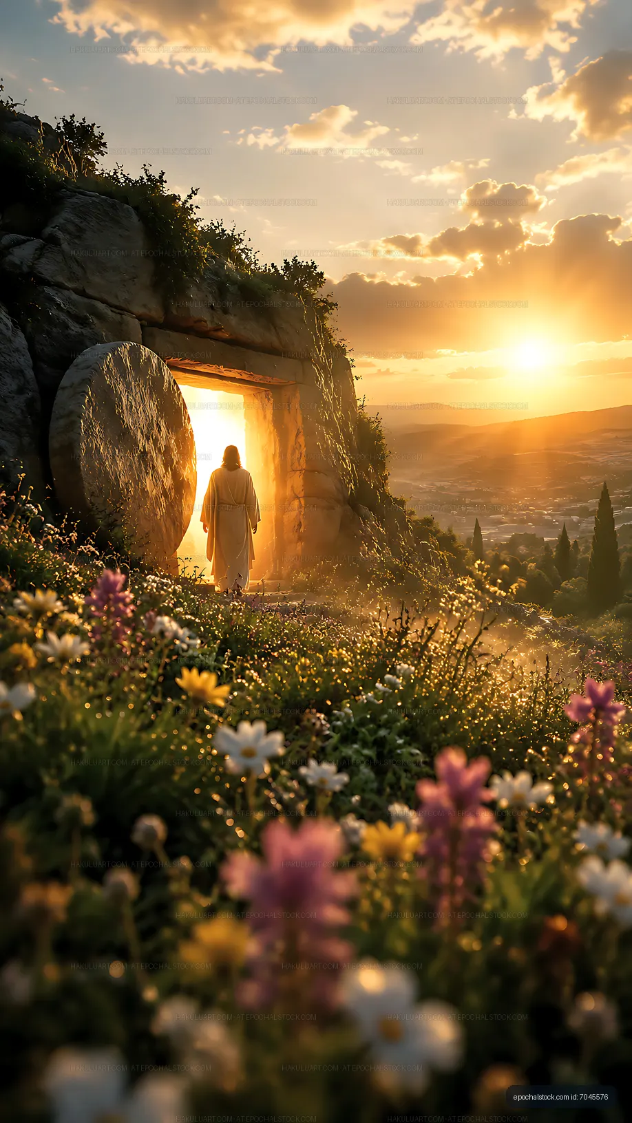 Walking out of the tomb at sunrise in a peaceful landscape
