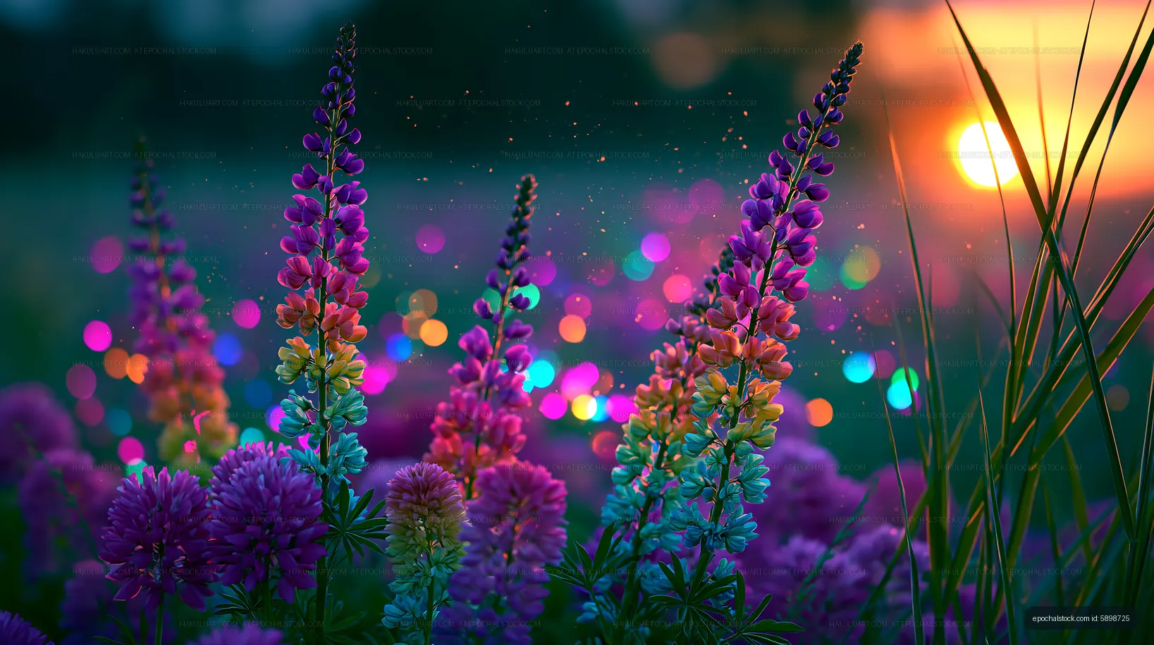 Colorful flowers at sunset with blurred lights in the background