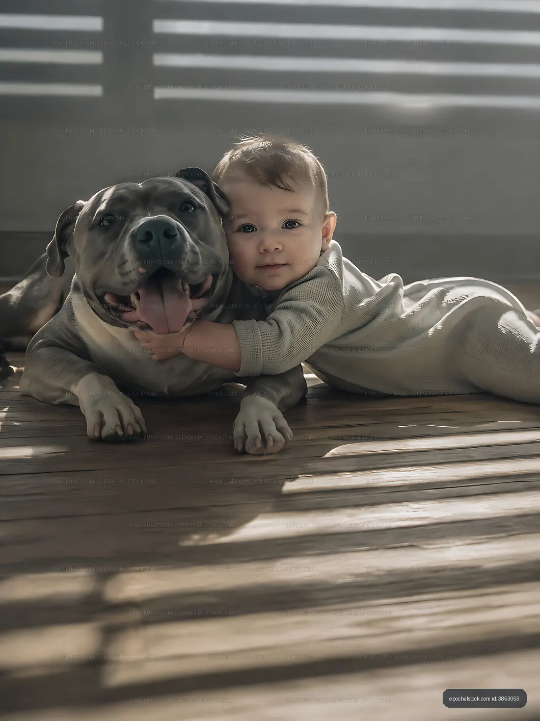 Child cuddles with a dog indoors on a wood floor