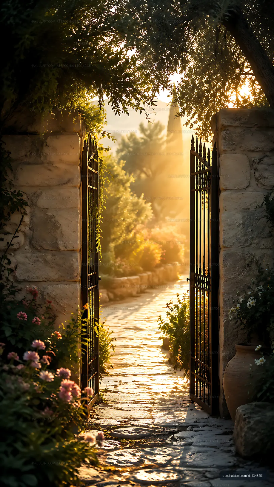 Pathway through an open gate in a garden during sunset