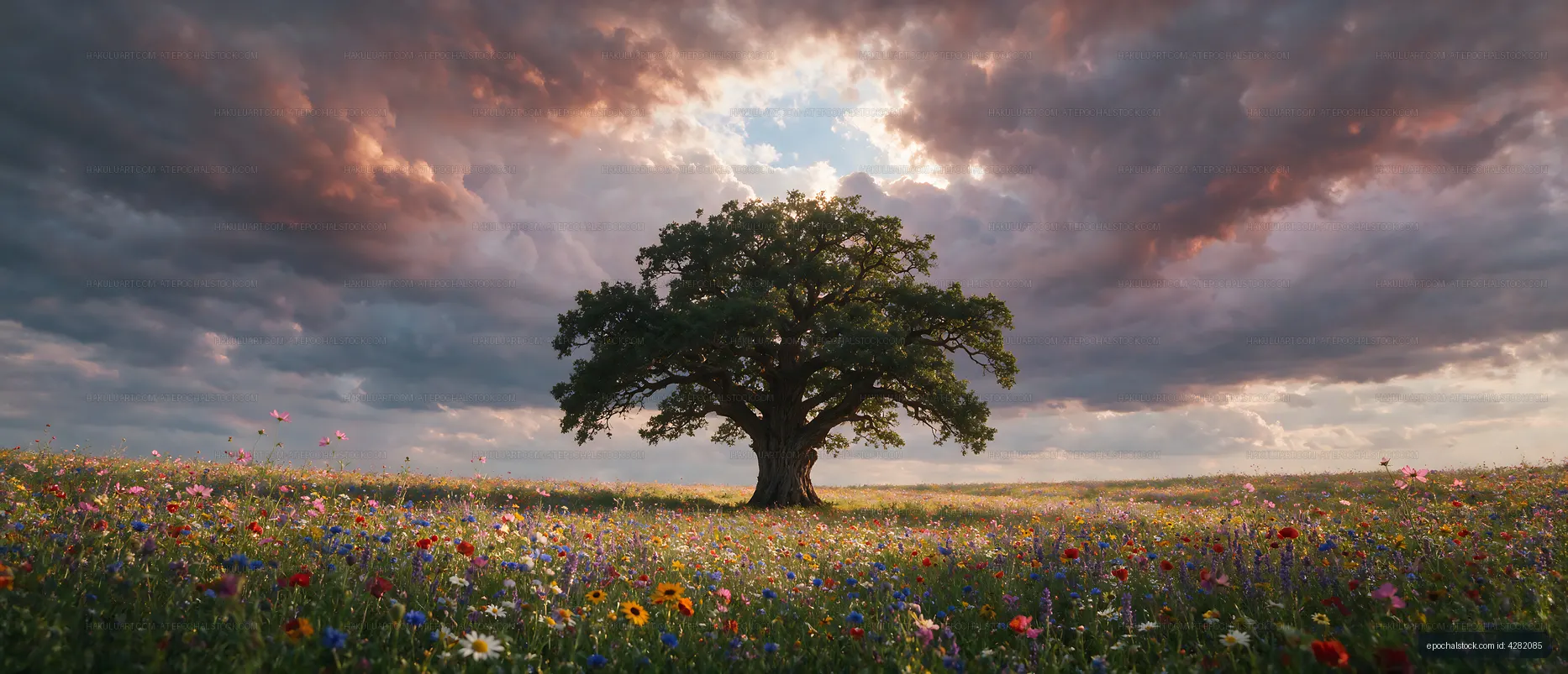 Single tree stands in a field of wildflowers under cloudy sky