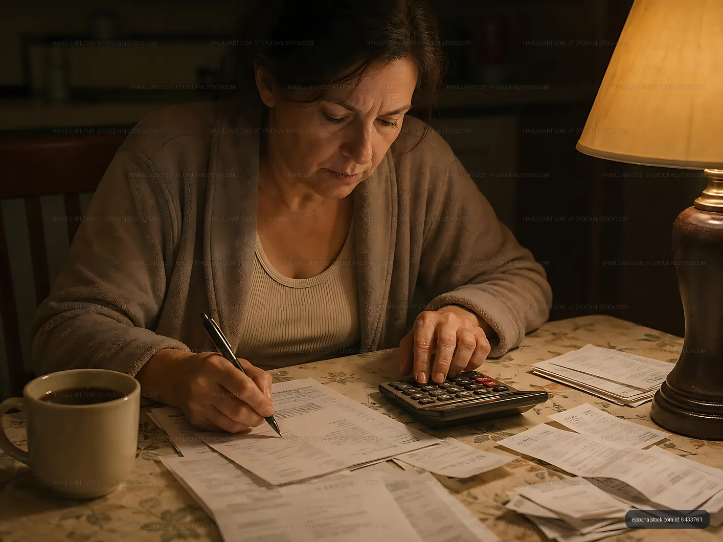 Woman calculating expenses at home desk with papers and calculator