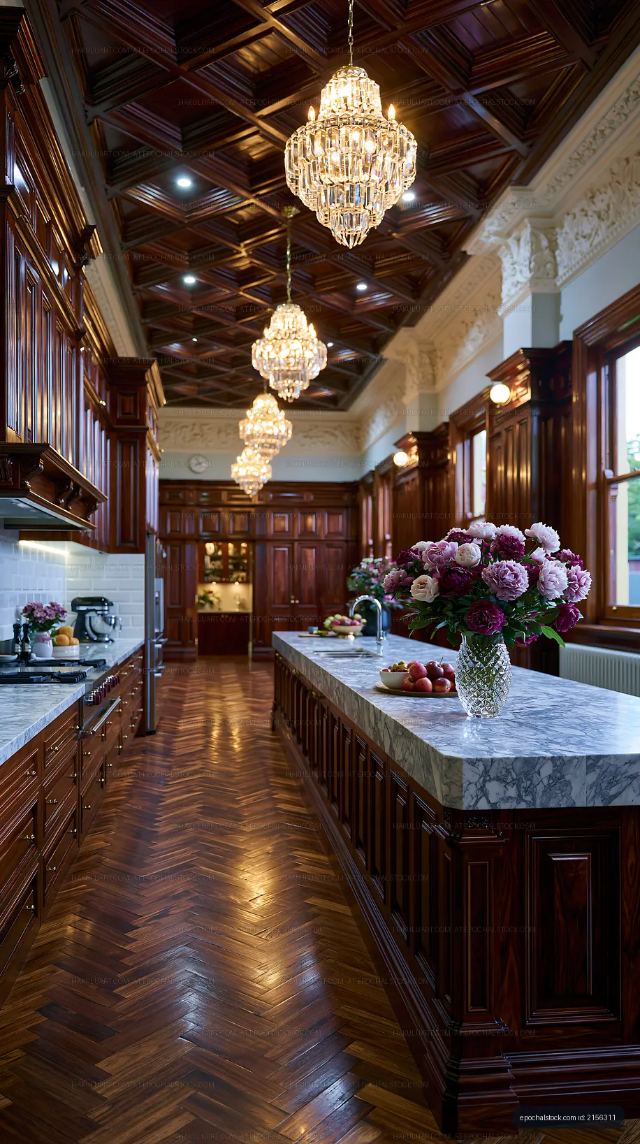 Modern kitchen with wooden cabinets and elegant lighting