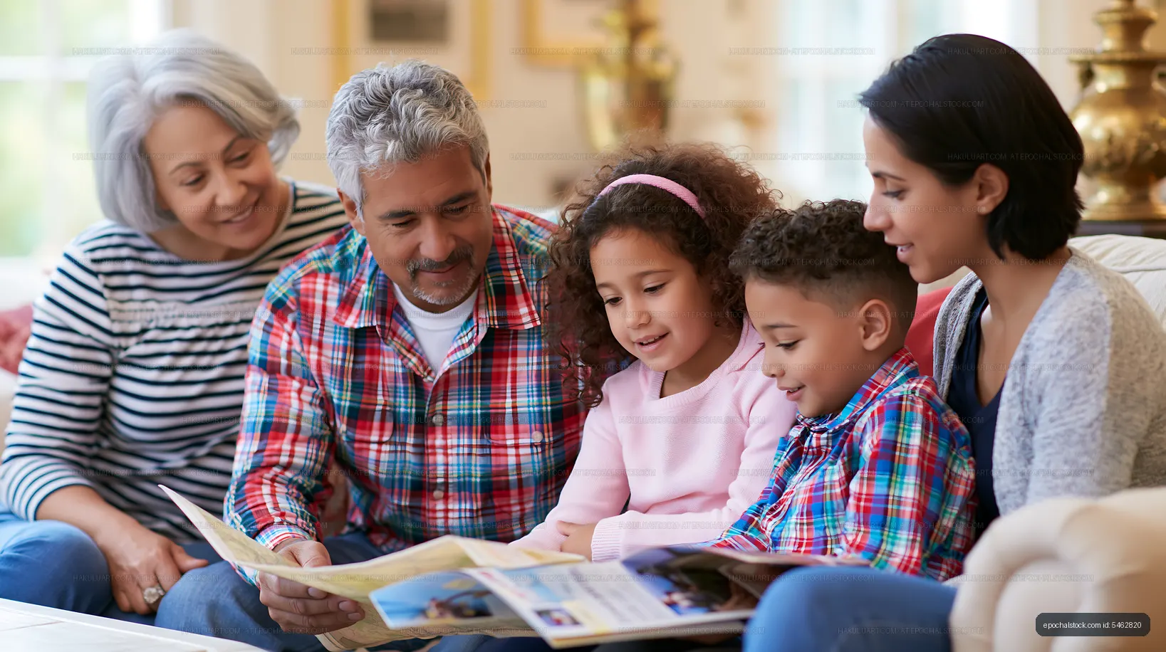 Family reading together in a cozy living room