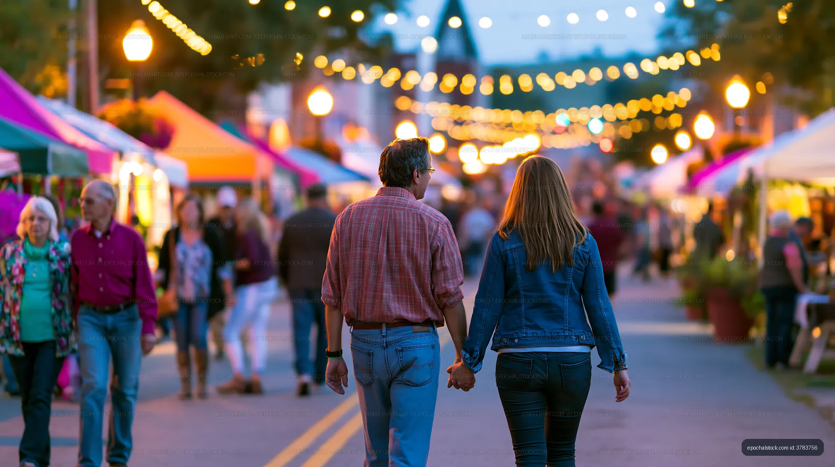 Couple walking hand in hand at a market during evening hours
