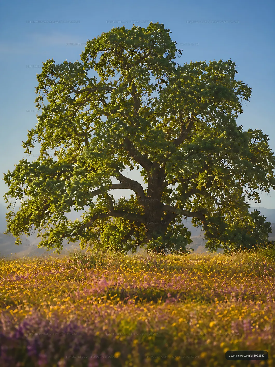 Large tree standing in a field of wildflowers during daylight