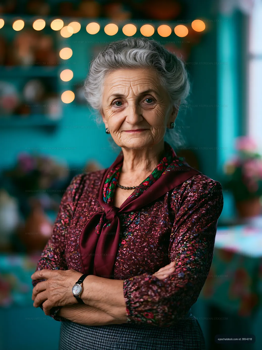 Senior woman standing with arms crossed in a bright room