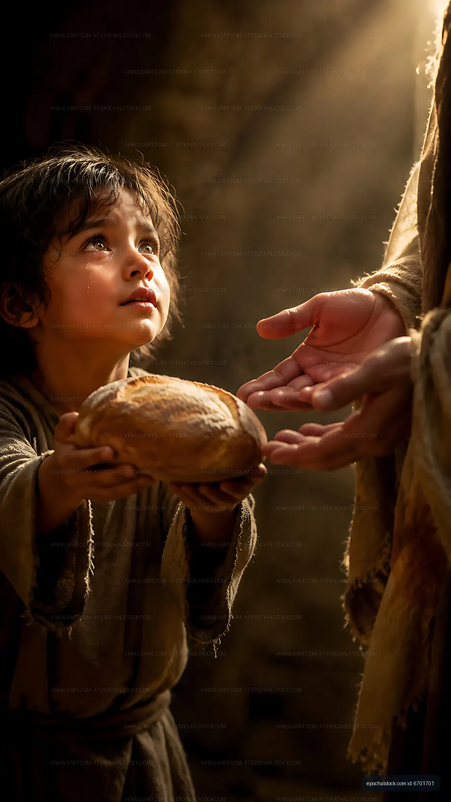Child receiving bread from a caring adult in a dim setting