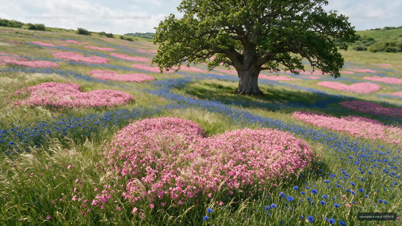 Flowers shaped like hearts in a green field under a tree