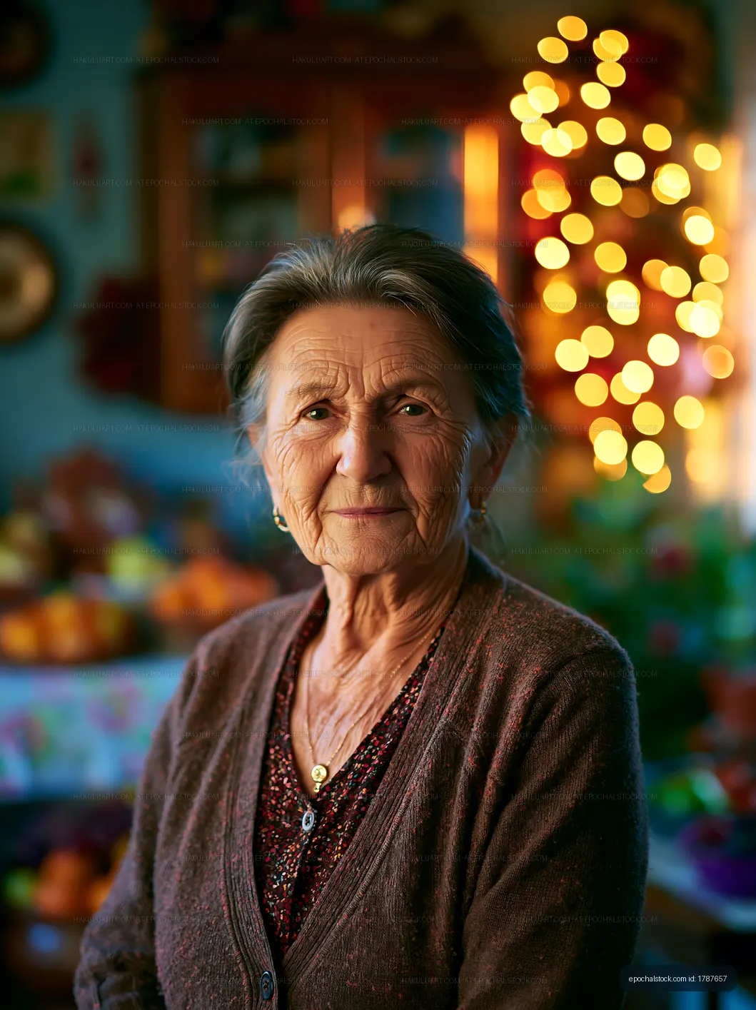 Elderly woman smiling near a decorated Christmas tree in home