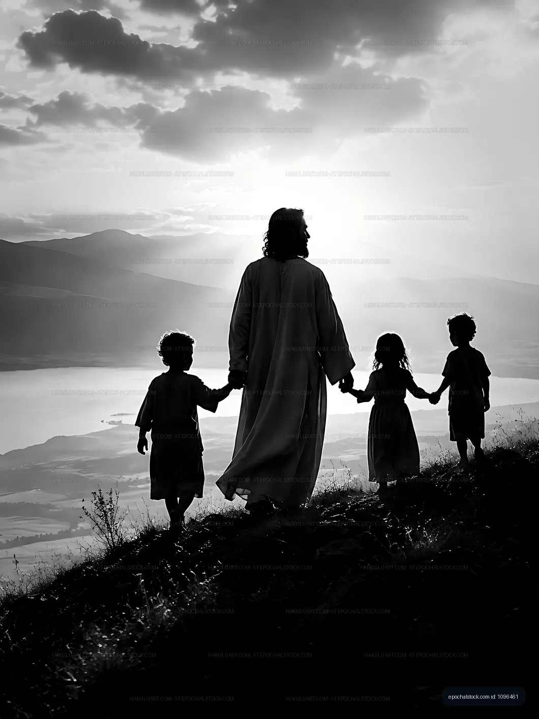 Walking with children on a hillside at sunset