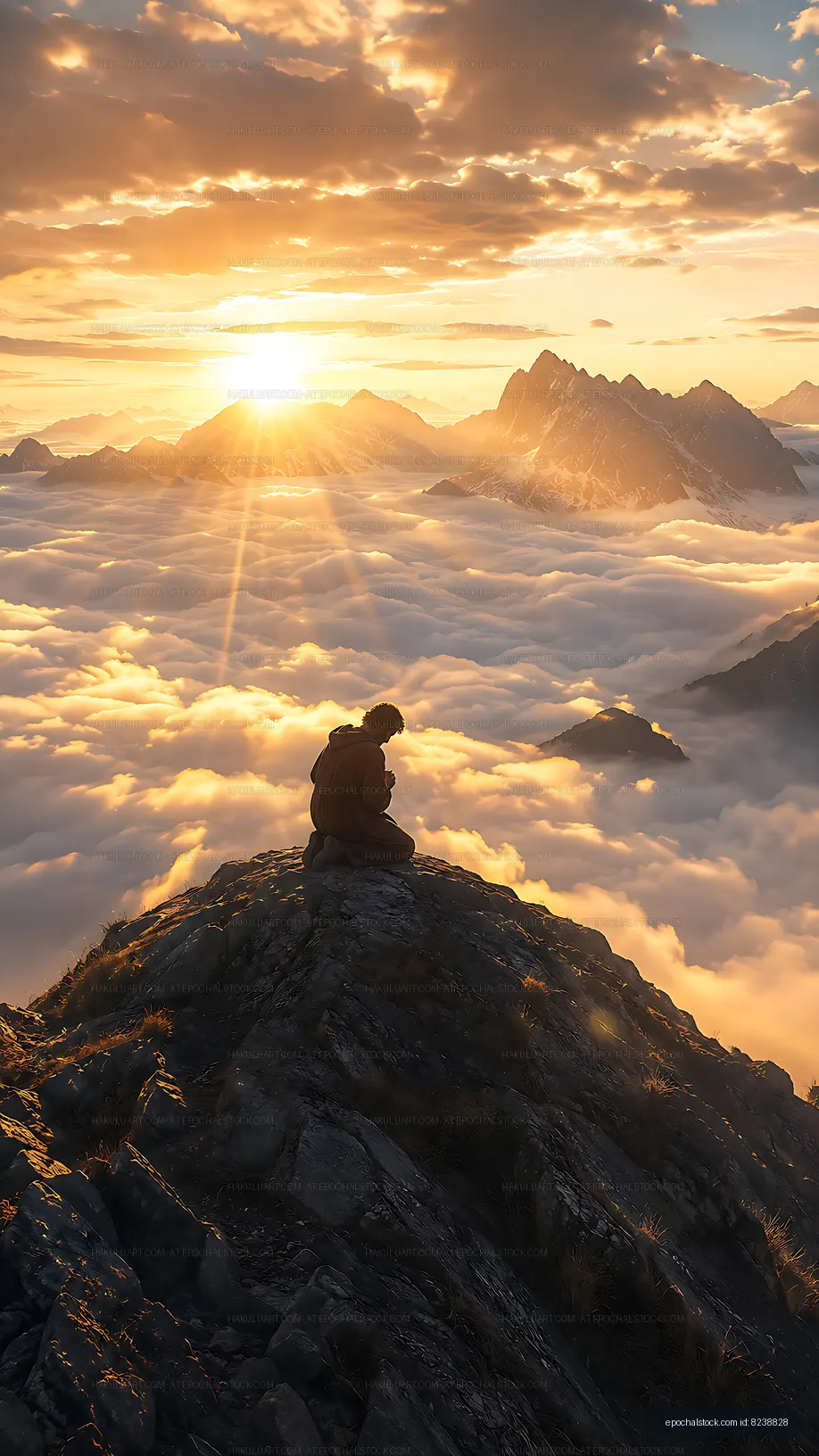 Man sits on rocky peak watching sunset over mountain range