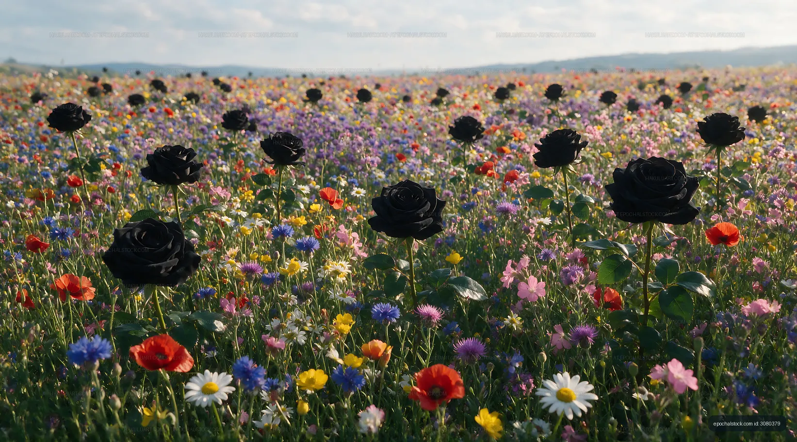 Field of black roses among colorful wildflowers
