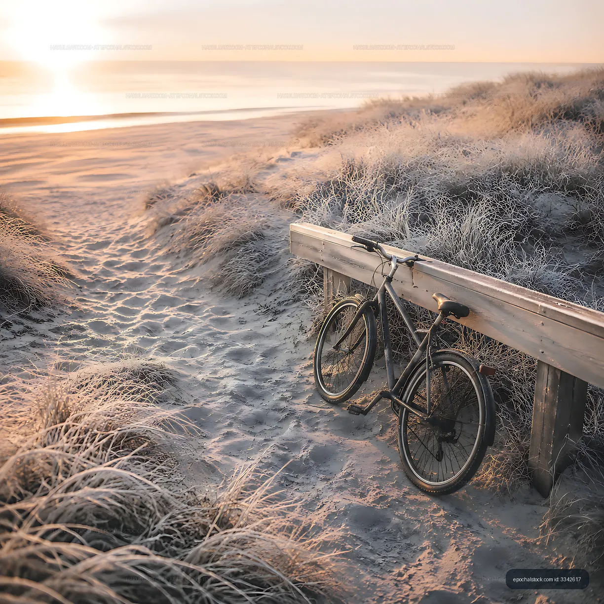 Bicycle resting on wooden boardwalk near sandy beach at sunset