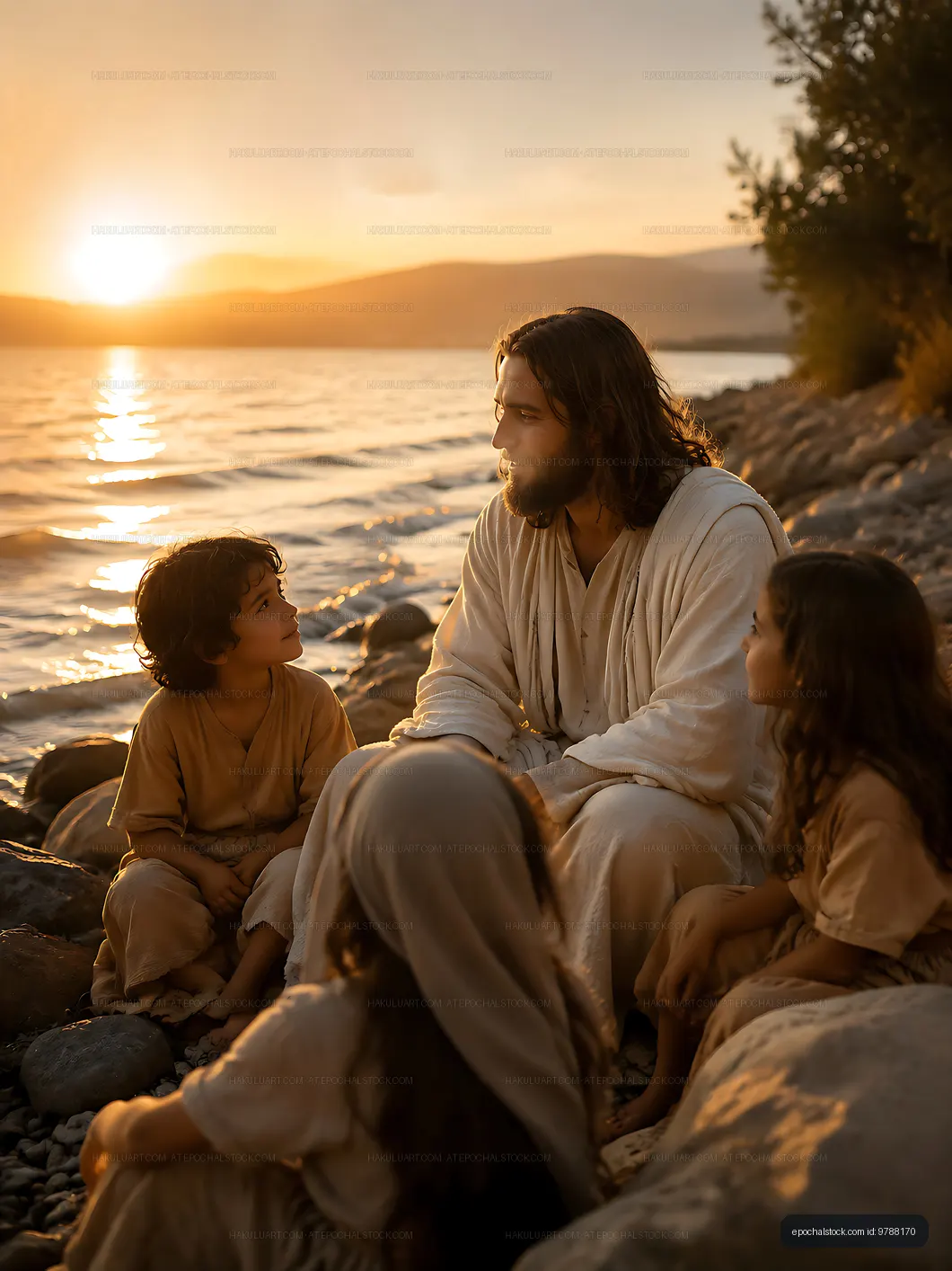 Group of children listening to a storyteller by the water at sunset
