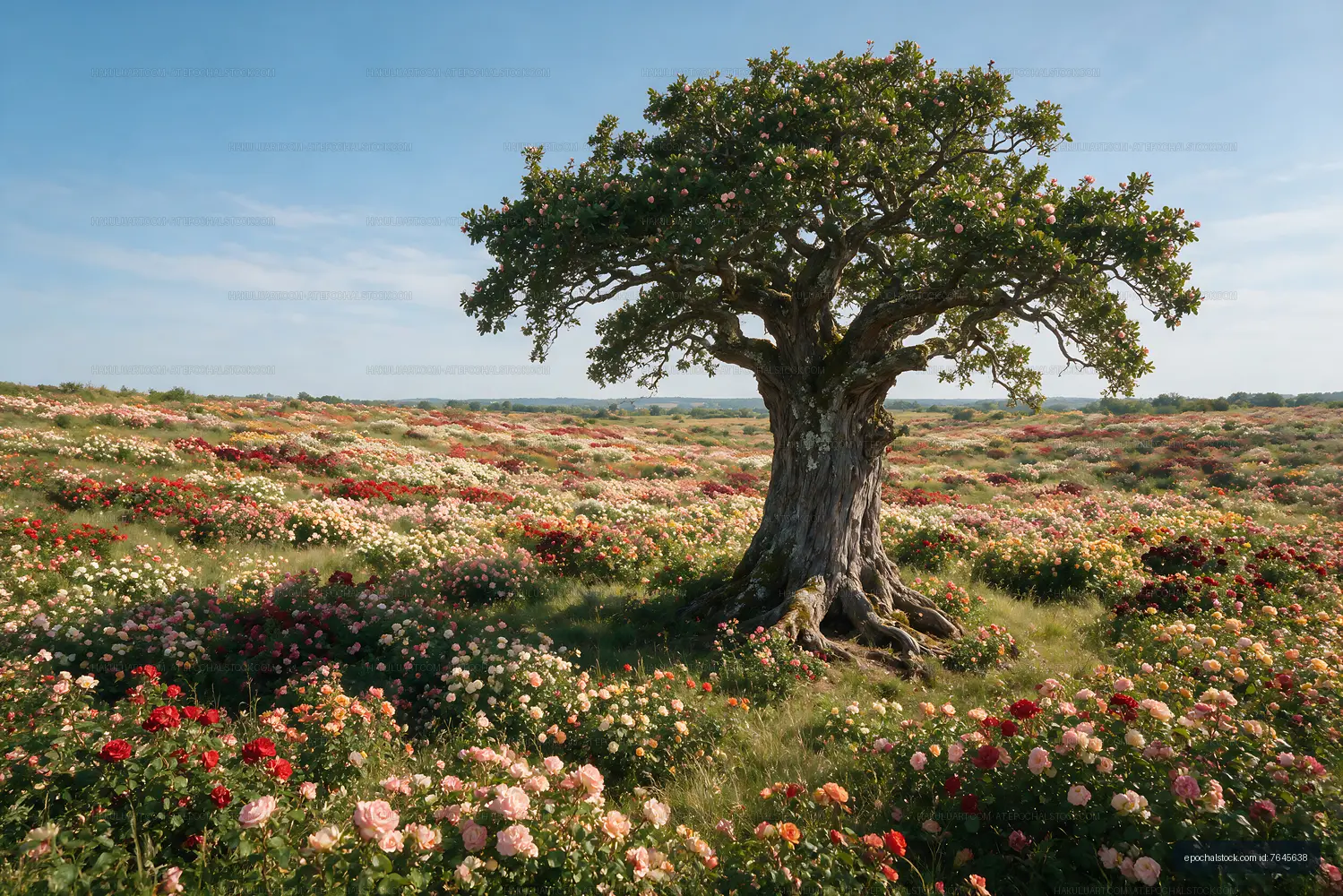 Tree surrounded by blooming flowers in a sunny field