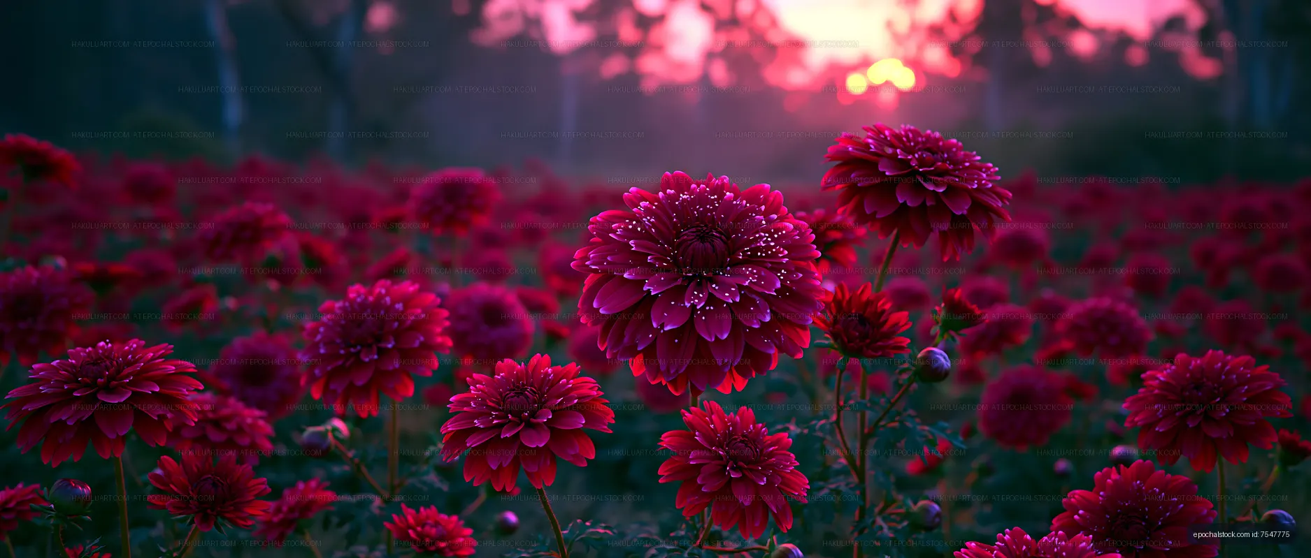 Vibrant pink flowers in a field at sunset