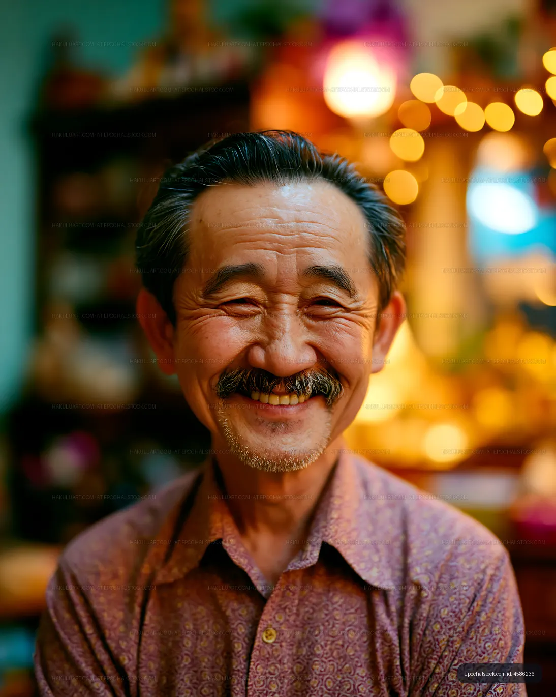 Smiling man with mustache in cozy indoor setting