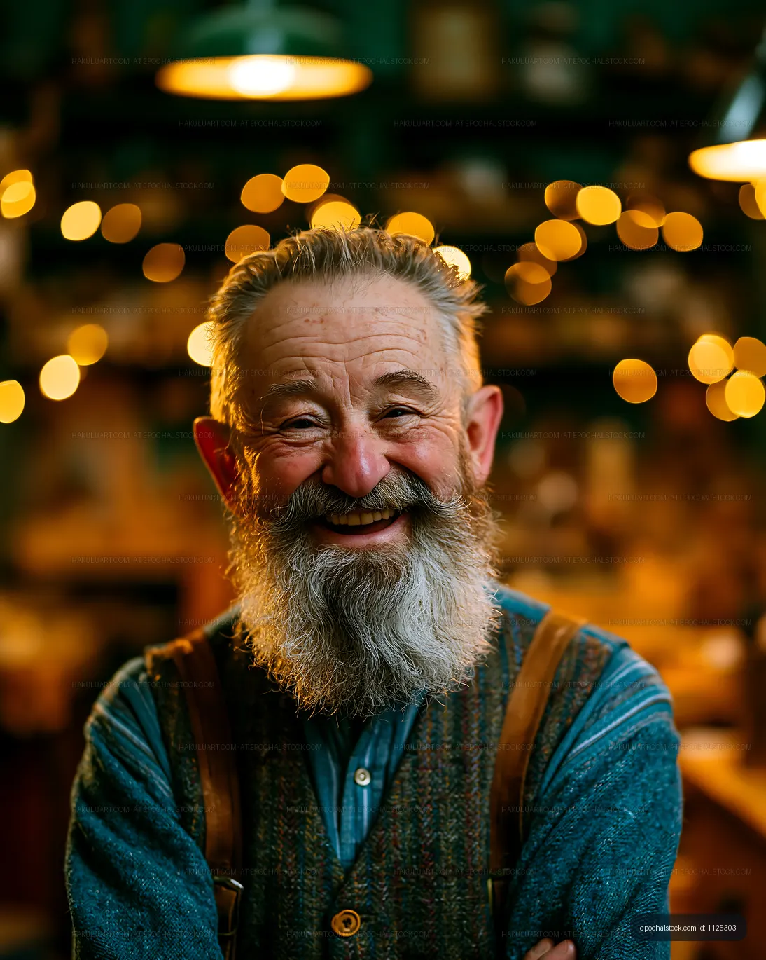 Smiling elderly man with beard in workshop setting