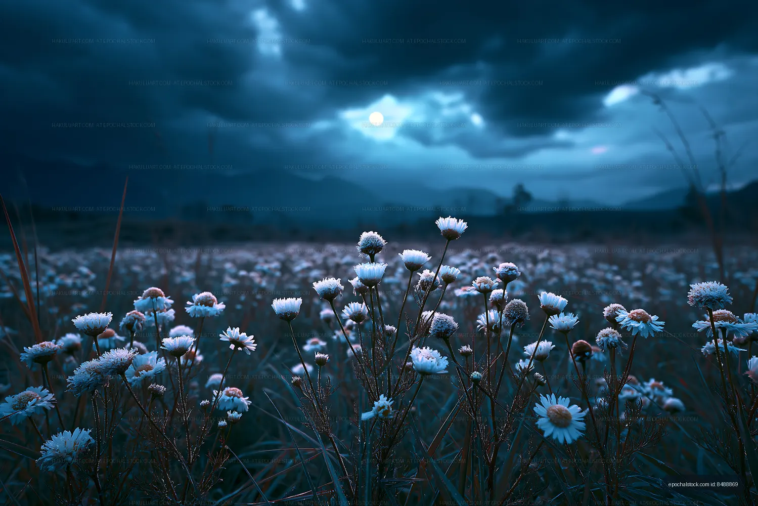 Daisy flowers bloom under dark clouds during evening light