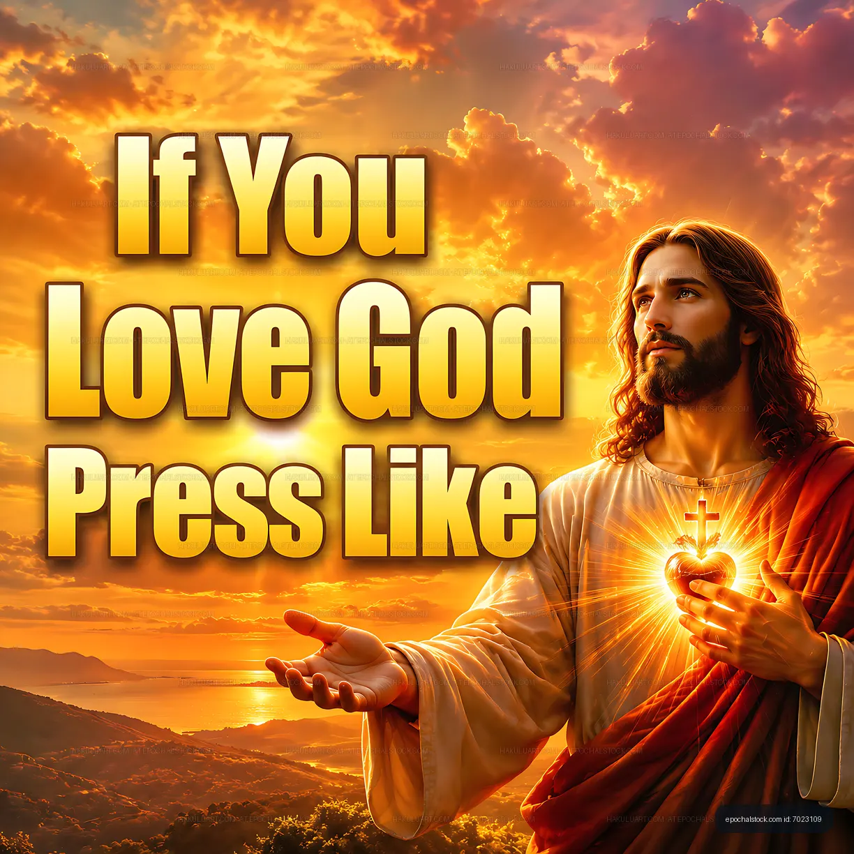 Religious figure with heart glowing at sunset