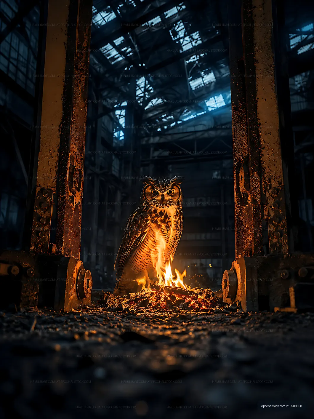 Owl standing near fire in an abandoned warehouse at night