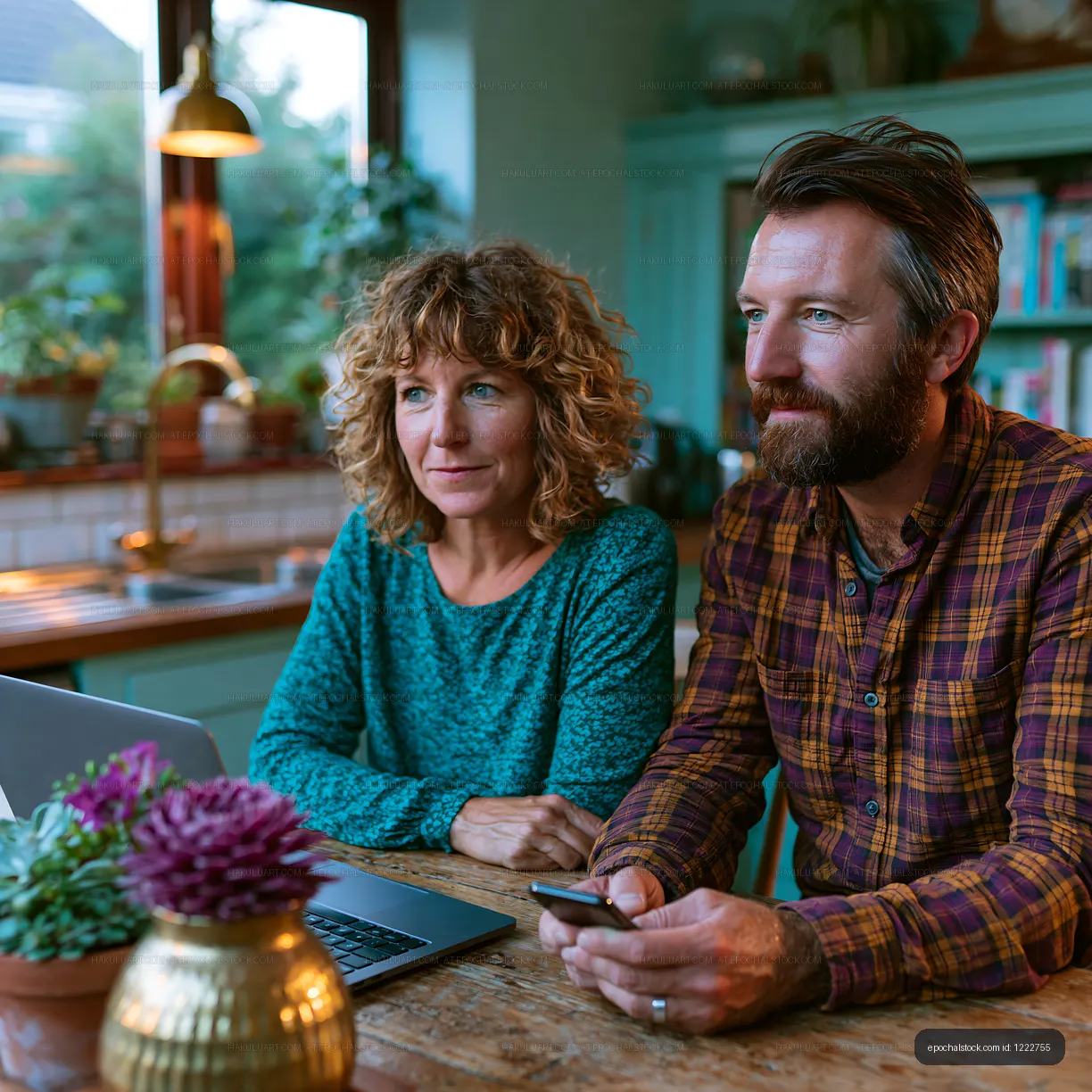 Couple working together at home with laptop and phone