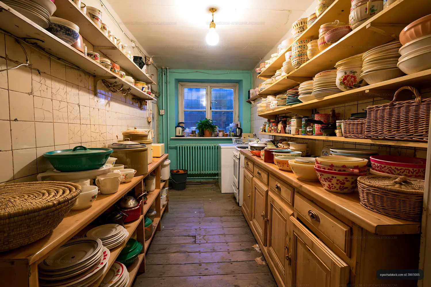 Cozy kitchen with wooden shelves and various dishware displayed