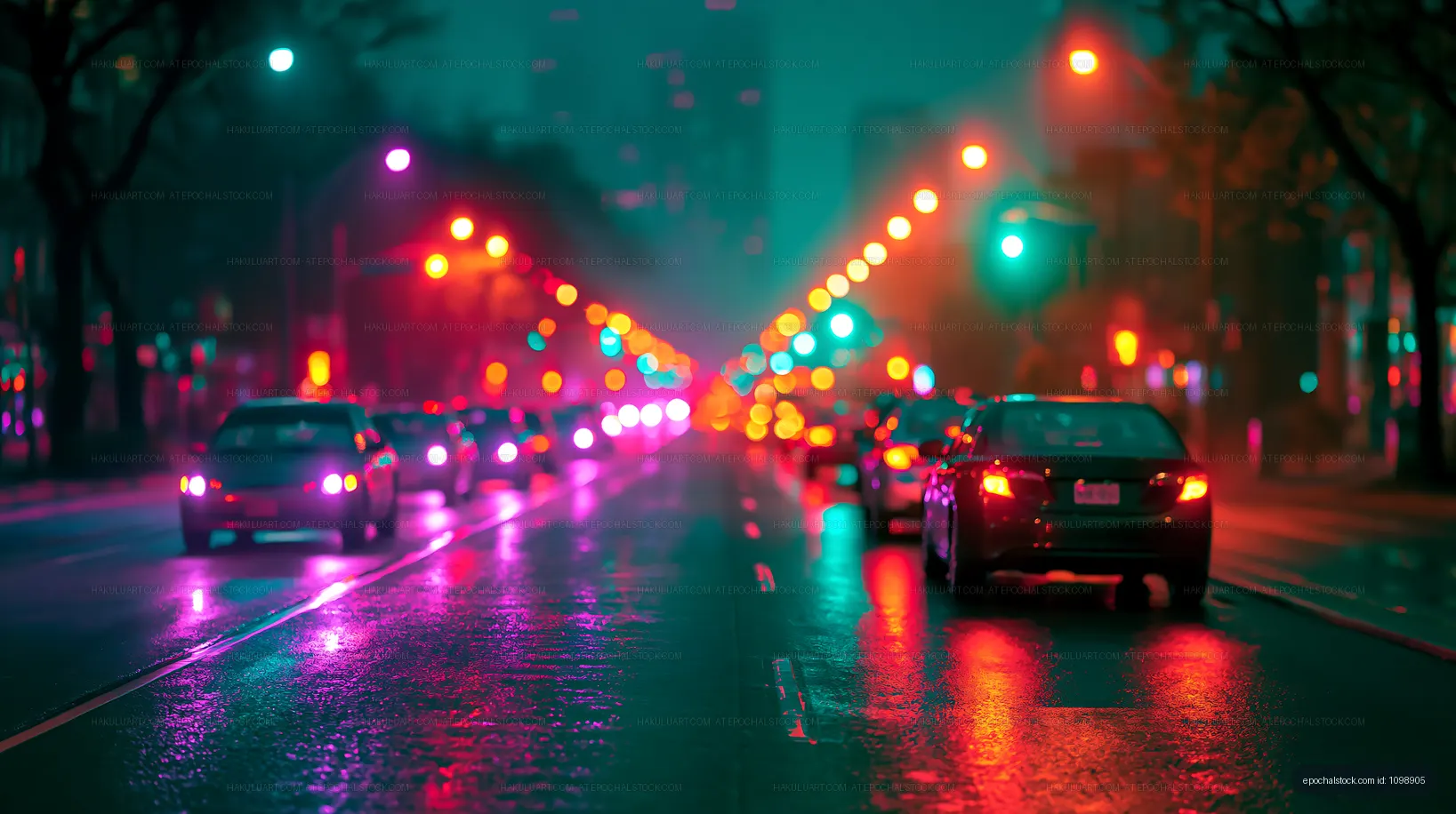 City street at night with car lights and wet pavement