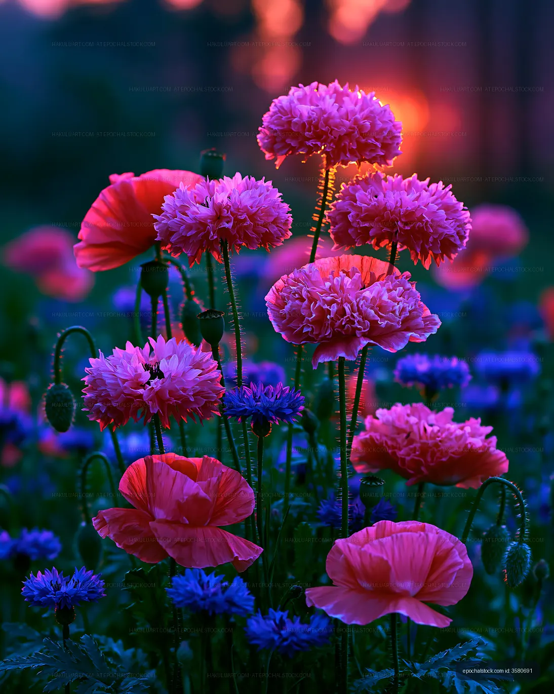 Colorful flowers in a field at sunset