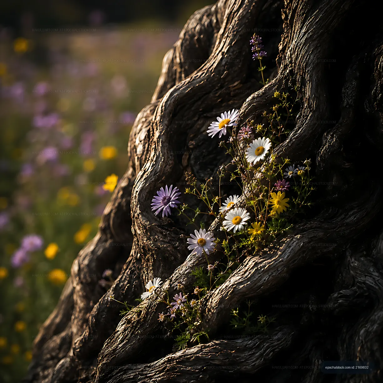 Wildflowers growing near old tree bark in a meadow