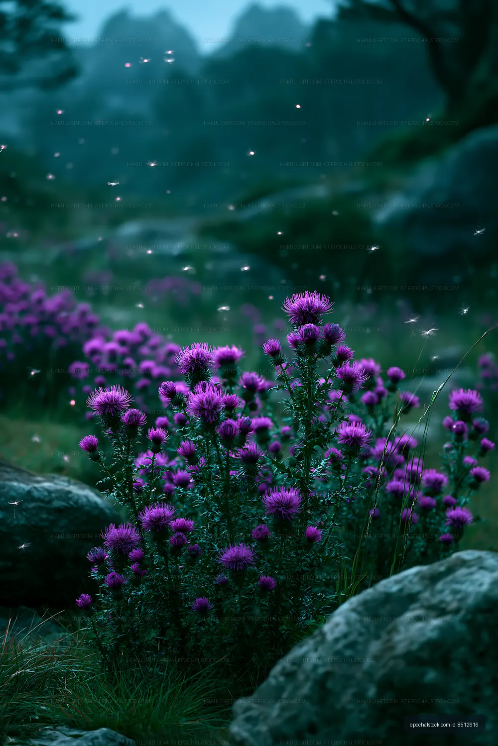 Purple wildflowers bloom in a lush green landscape at dusk