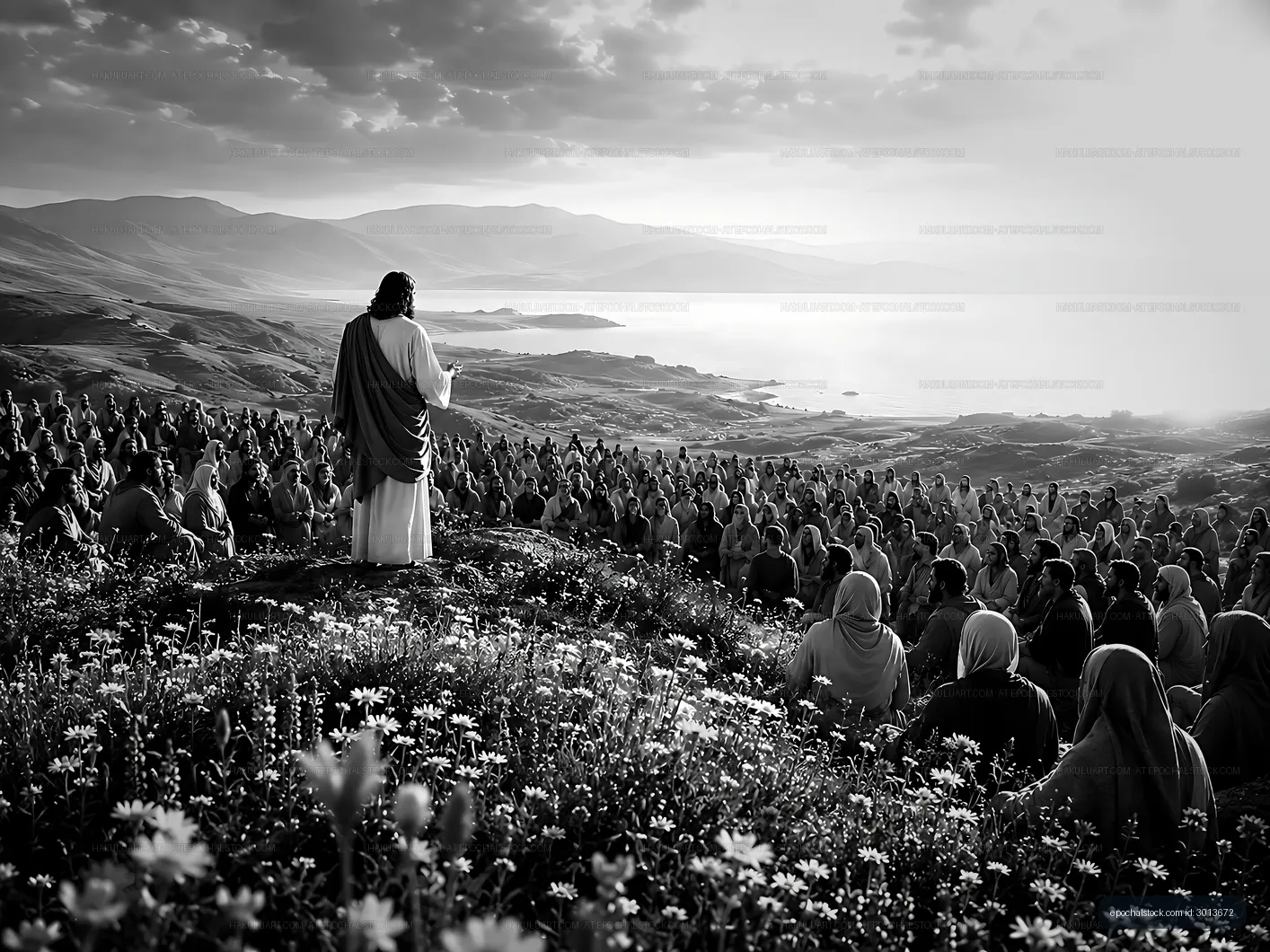 Crowd listens to a speaker on a hillside during sunset