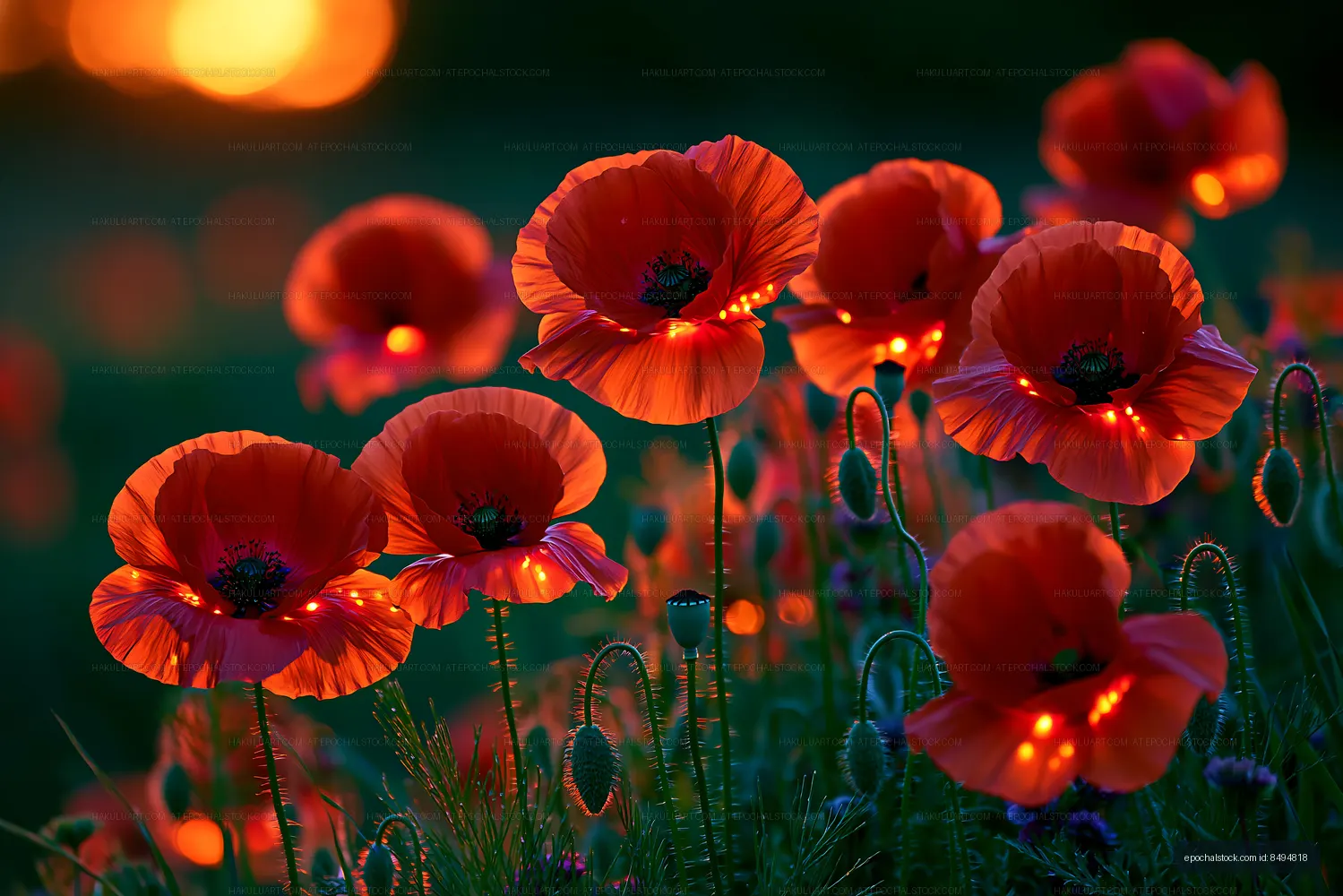 Bright red poppies bloom in a field during sunset