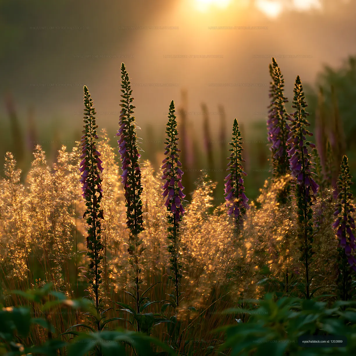 Flowers in the sunlight during a foggy evening in a field