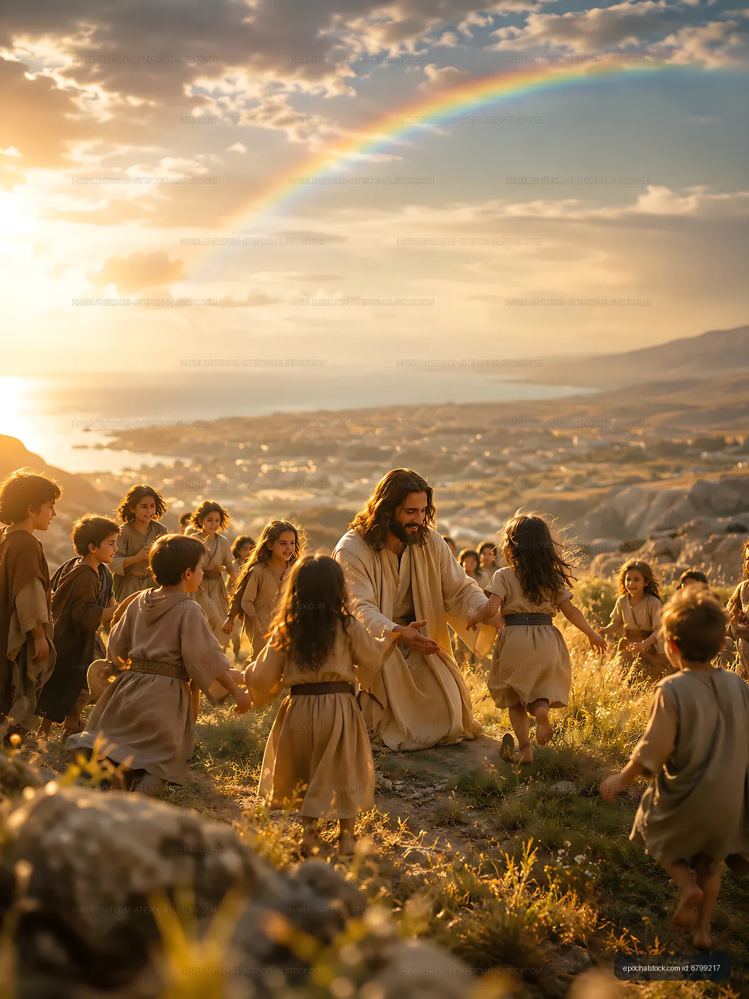 Children gather around a figure with long hair during sunset