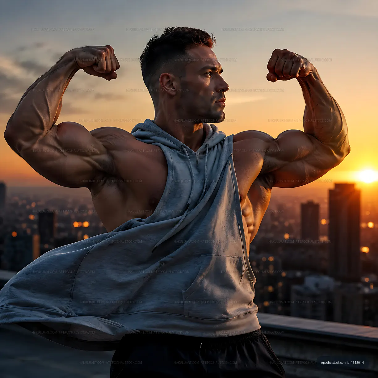 Man flexing muscles at sunset on a city rooftop